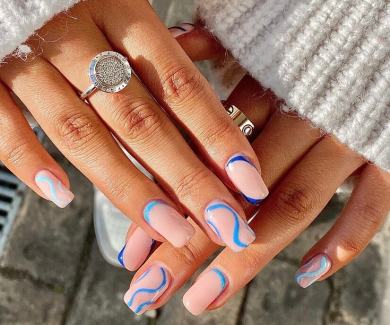 Summer french blue nail art with painted orange fruit - Stock Image -  Everypixel