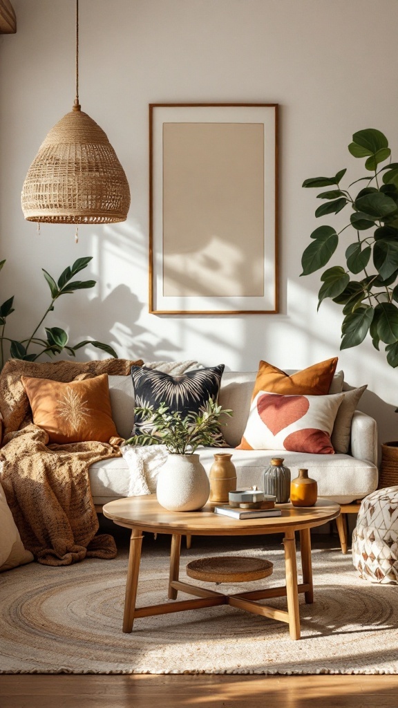 A cozy boho living room featuring artisan-crafted accents, including a light fixture, decorative pillows, and a wooden coffee table.