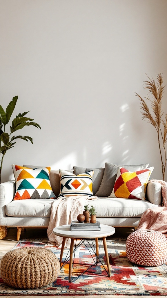 A stylish boho living room with a light sofa, colorful geometric pillows, a circular coffee table, and a vibrant area rug.