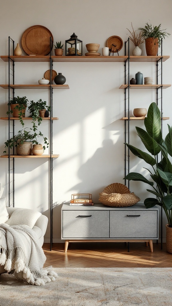 Stylish shelving in a boho living room featuring plants, decorative items, and warm wooden shelves.