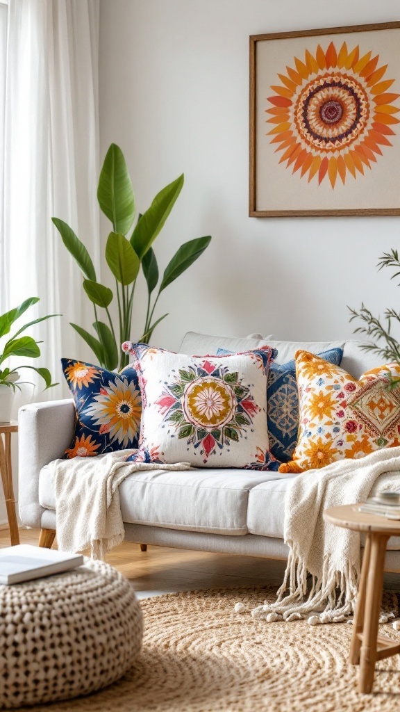 Colorful throw pillows on a sofa in a boho living room