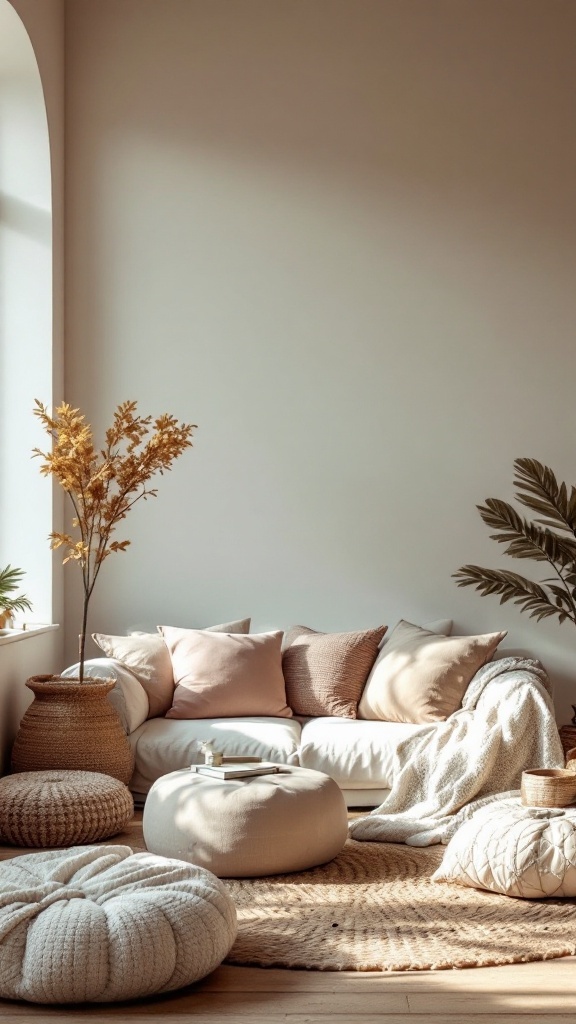 A cozy boho living room with soft floor seating, including poufs and cushions, surrounded by natural decor.