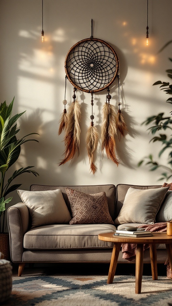 A cozy boho living room with a dreamcatcher accent on the wall, featuring soft sofas and natural decor.