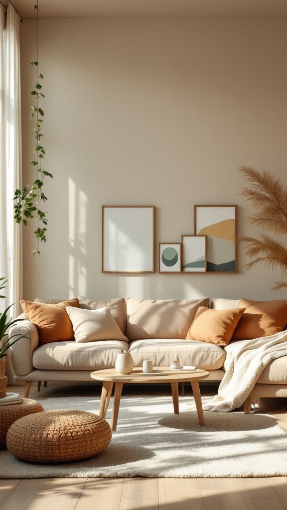 Cozy boho living room with beige sofa, earthy cushions, woven pouf, and hanging plant.