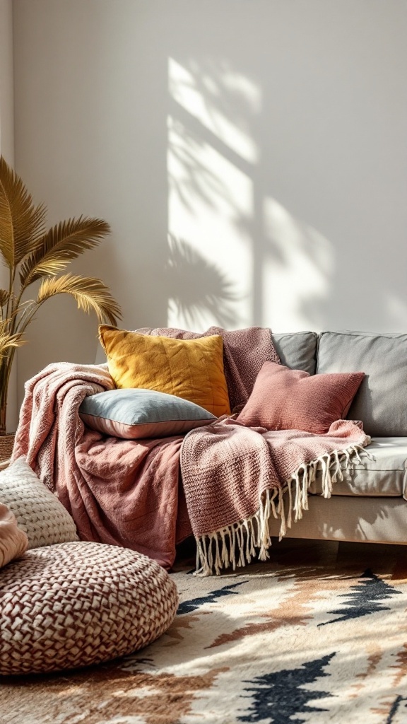 A cozy couch with layered throw blankets and pillows, styled in a bohemian living room.
