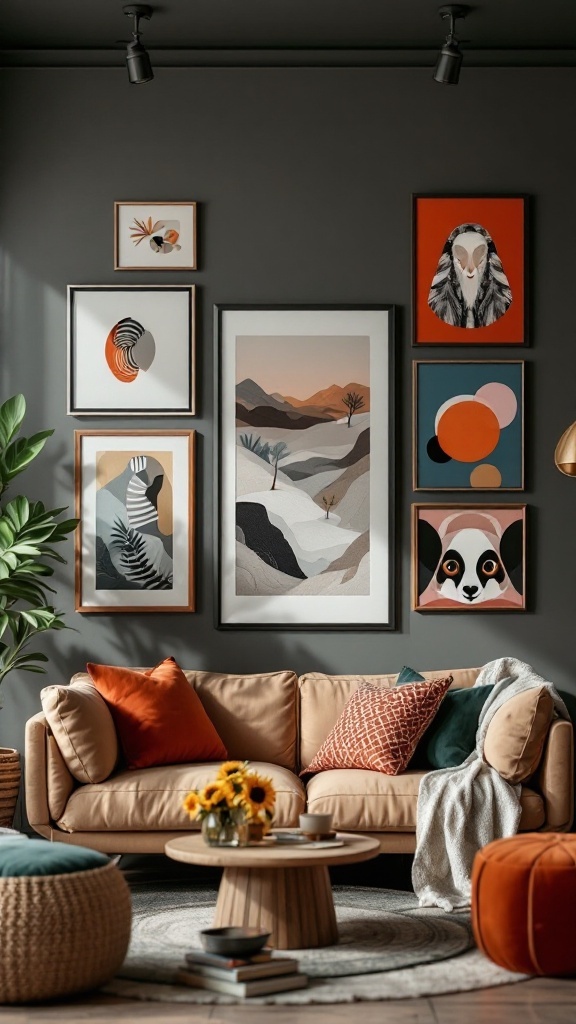 A stylish boho living room featuring a gallery wall with various framed art pieces, a cozy couch, and decorative elements.