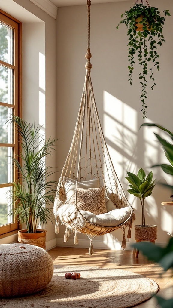 A cozy hammock chair in a bright living room surrounded by plants and soft furnishings.