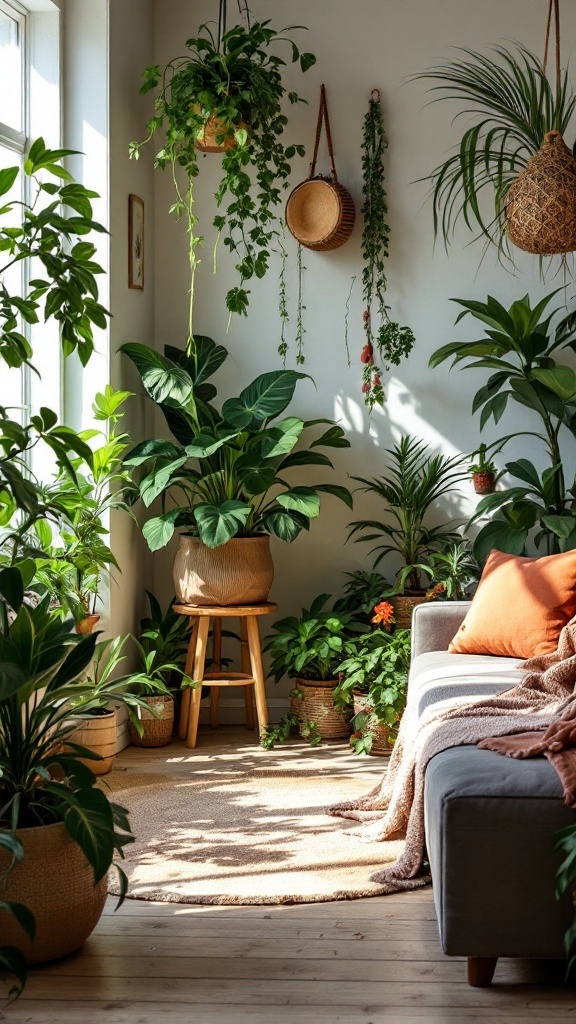 A cozy boho living room filled with various indoor plants, creating a vibrant and inviting space.