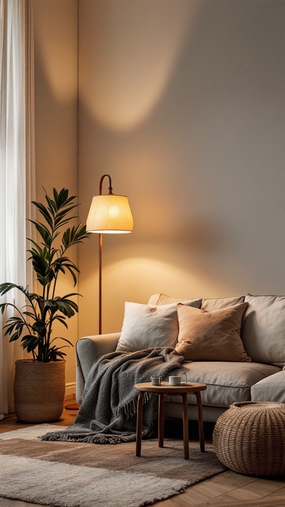 A cozy bohemian living room featuring a floor lamp, green plant, and comfortable sofa.