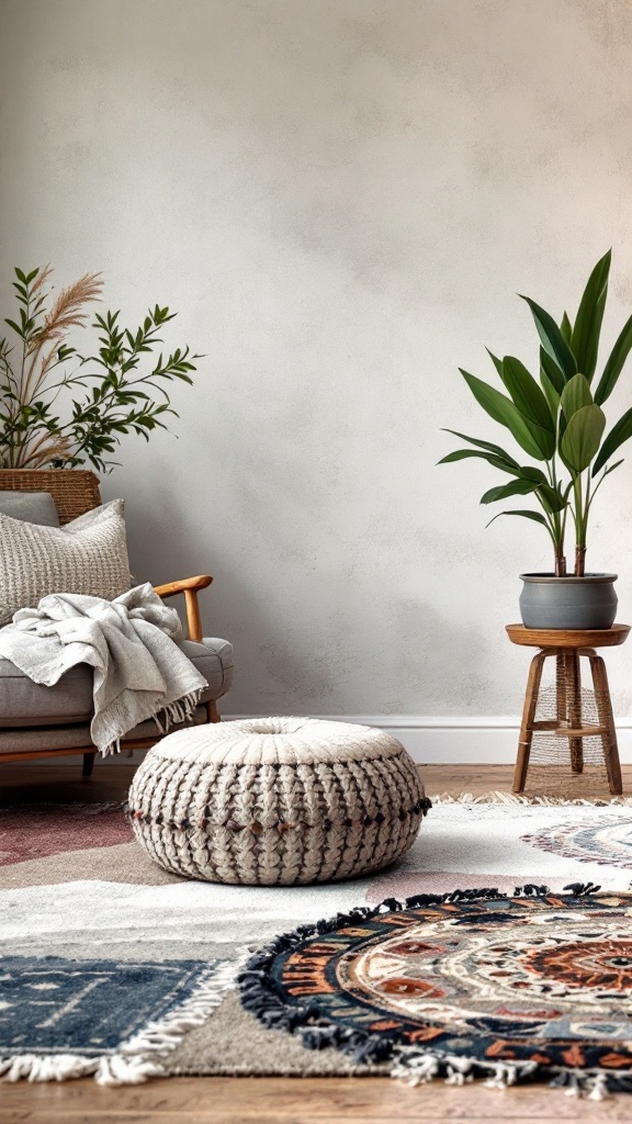 A cozy boho living room featuring layered rugs, a knitted pouf, and plants.