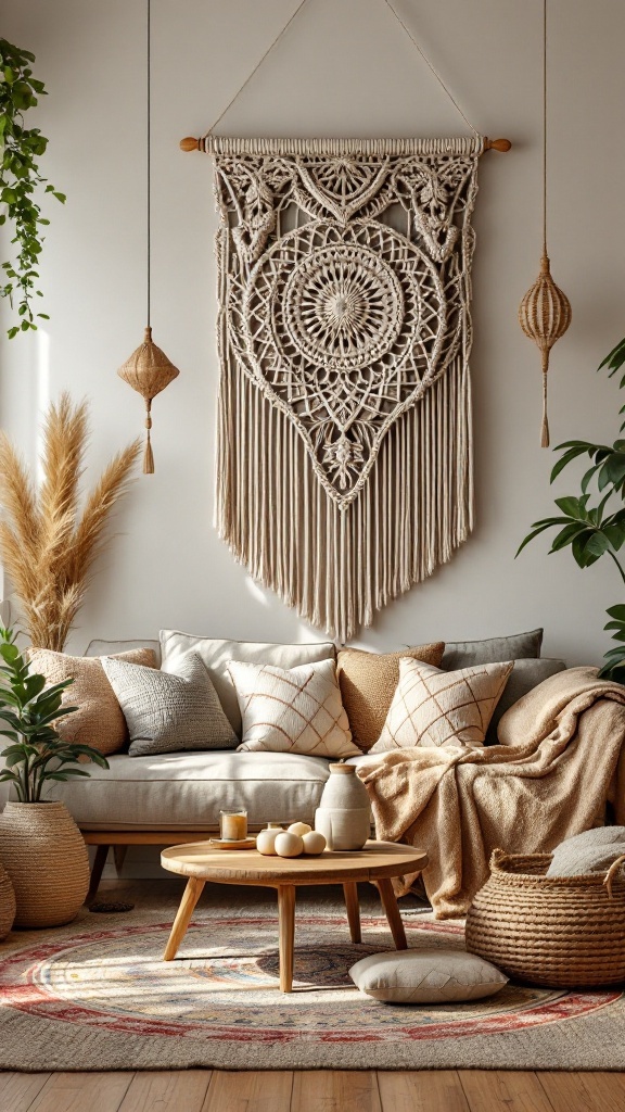 A chic bohemian living room featuring a large macrame wall hanging, plants, and cozy textiles.