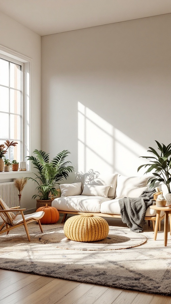 Bright boho living room with natural light, plants, and cozy decor