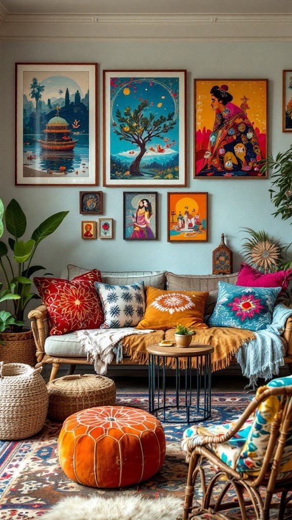A colorful and cozy boho living room with art on the walls, bright pillows, and plants.
