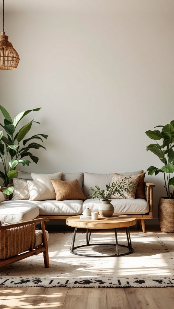 A cozy boho living room with rustic wood furniture, plants, and warm colors.