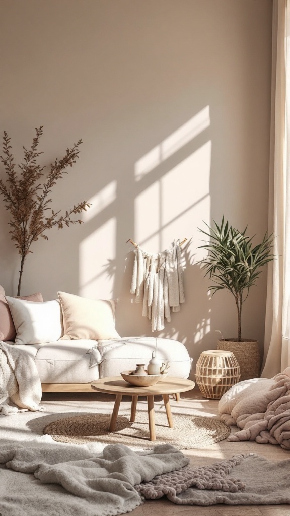 Boho living room featuring soft pastel accents with a cozy sofa, plush blankets, and natural decor.