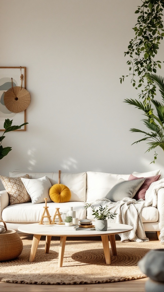 A stylish bohemian living room with a neutral sofa, round coffee table, and lush greenery