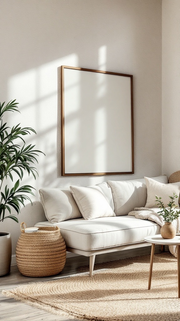 A cozy bohemian living room corner featuring a textured wall, light-colored sofa, and natural decor elements.
