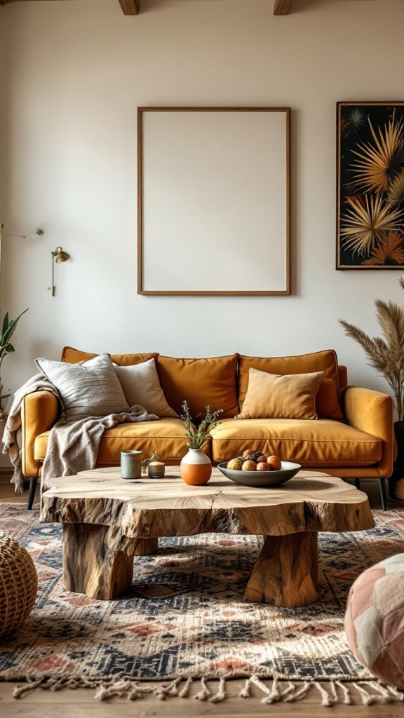 A bohemian living room featuring a rustic wooden coffee table, a yellow sofa, and decorative elements.