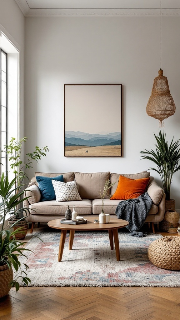 A stylish boho living room featuring a beige sofa with colorful pillows, a round coffee table, plants, and artwork on the wall.