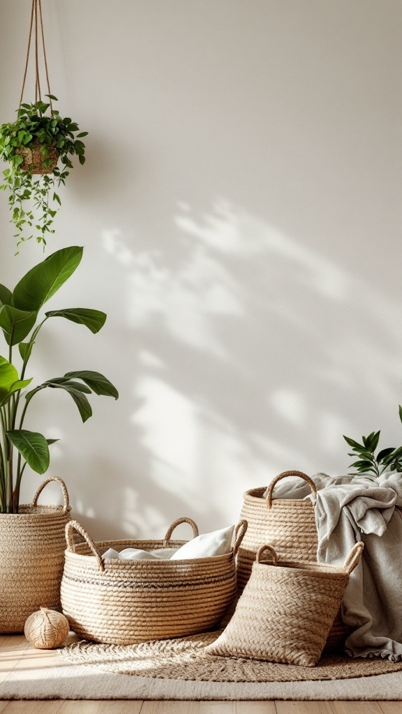 A cozy corner of a boho living room featuring woven baskets for storage.